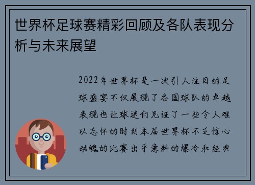 世界杯足球赛精彩回顾及各队表现分析与未来展望